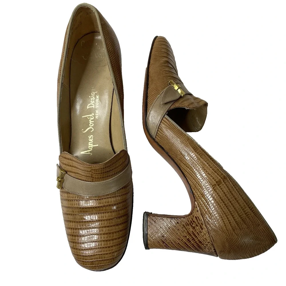 Agnes Sorel Size 6.5 Vintage Genuine Lizard High‎ Heels 90's Handmade Tan Brown